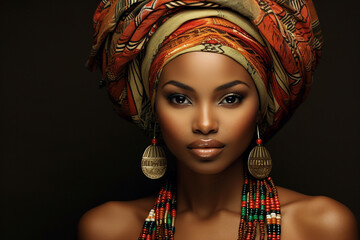 Portrait of African American ethnicity woman in turban with African traditional print Generative AI