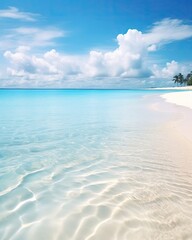 Warm white sand beach, clear blue water.