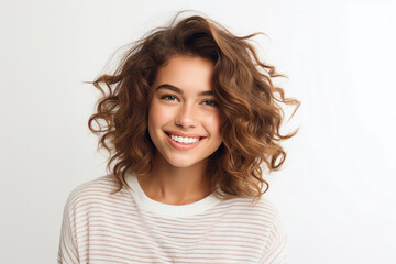 Generative IA portrait of amazing perfect beauty glad woman happily smiling over background