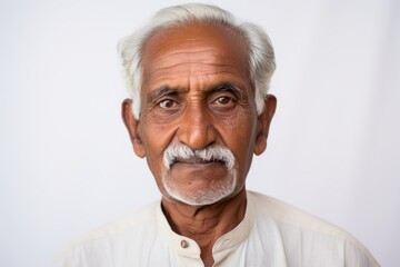 a closeup photo portrait of a handsome old senior asian indian model man smiling. used for a web or print ad. isolated on white wall background. Generative AI