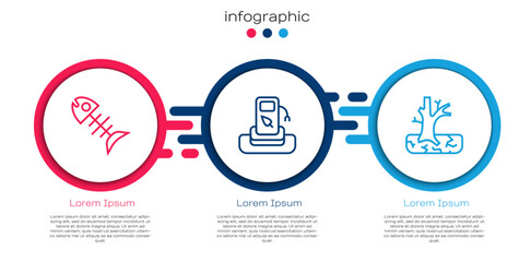 Set line Dead fish, Petrol or gas station and Withered tree. Business infographic template. Vector