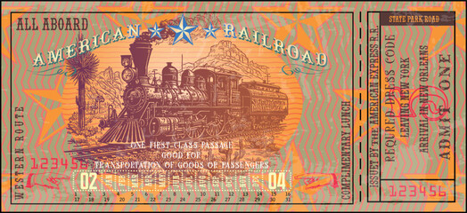 vector image of old vintage american western rail train ticket
