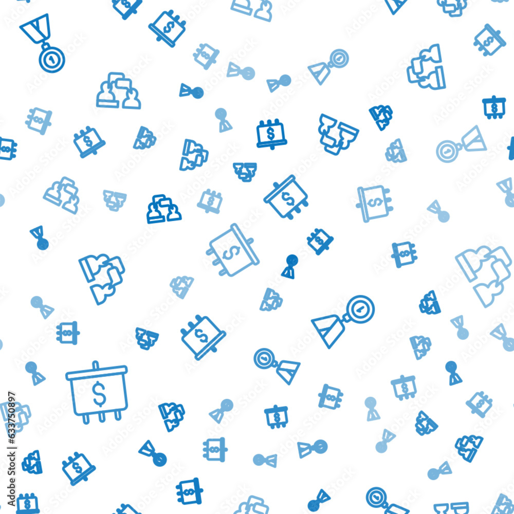 Poster set line target with dollar, medal and two sitting men talking on seamless pattern. vector