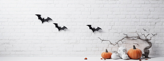 murciélagos negros sobre pared de ladrillo blanco, concepto halloween, ilustración de IA generativa