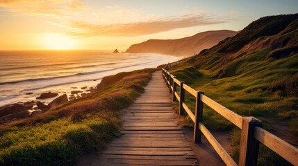 Empty wooden walkway on the ocean coast in the sunset time, pathway to beach, Generative AI illustration