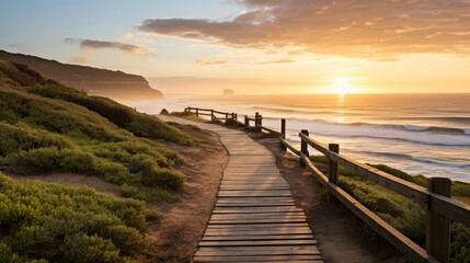 Empty wooden walkway on the ocean coast in the sunset time, pathway to beach, Generative AI illustration