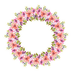 Wreath with colorful flowers, leaves and branches in vintage watercolor style. Vector circle frame