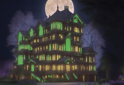 huanted mansion sattle down on the top of hill, wood house victoria style with creepy full moon.