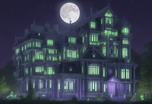 huanted mansion sattle down on the top of hill, wood house victoria style with creepy moon.
