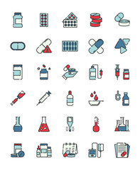 Medicine filled line icon set
