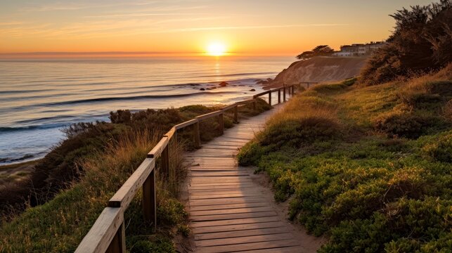 Empty wooden walkway on the ocean coast in the sunset time, pathway to beach, Generative AI illustration