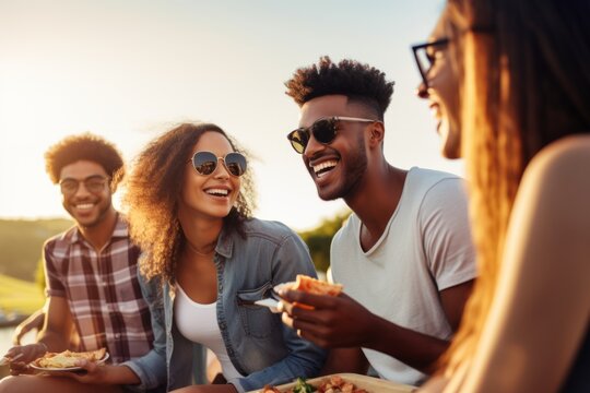 Happy multi-ethnic mixed celebration diverse friends group party happiness people smiling laughing friendship joy enjoyment garden bbq family relaxation diversity communication outdoors excitement