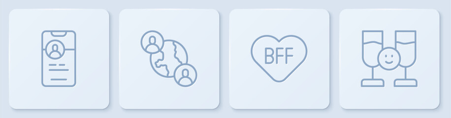 Set line Dating app online, BFF or best friends forever, and Friends drinking alcohol. White square button. Vector