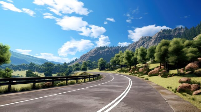 Mountain road. Landscape with rocks, sunny sky with clouds and beautiful asphalt road in the evening in summer. Highway in mountains, Generative AI illustration