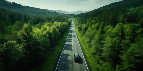 Bird eye top view of single car driving on long highway road from green forest.  - Powered by Adobe