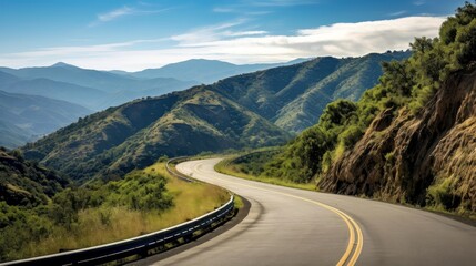 Naklejka premium Mountain road. Landscape with rocks, sunny sky with clouds and beautiful asphalt road in the evening in summer. Highway in mountains, Generative AI illustration