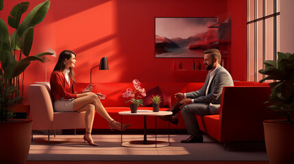 Man Engaging with Host Girl in Vibrant TV Studio