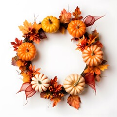 Decorative autumn harvest wreath of pumpkins and leaves in orange and yellow colors on white background top view.