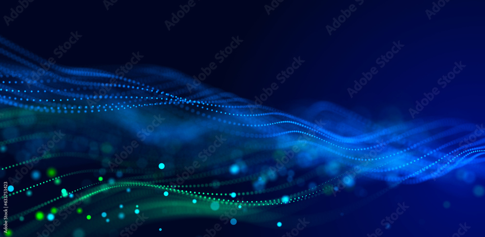 Poster abstract bright wave of glowing particles. the flow of musical sounds. big data visualization. 3d re