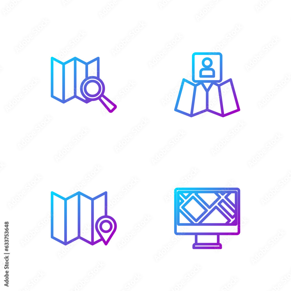 Poster set line monitor with map location, folded marker, search and . gradient color icons. vector