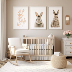 A sweet baby girl's room in earthy tones, adorned with bunny-themed details.