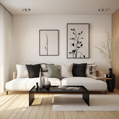 A small living room with a black and white color scheme, featuring a wooden floor. Simple and elegant.