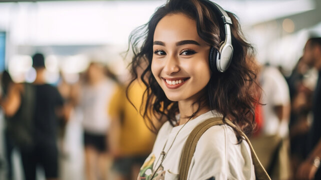 young adult woman wears headphones and listens to podcasts or music, on the go in everyday life, commuter on the way to university or job or to the office, crowd of people