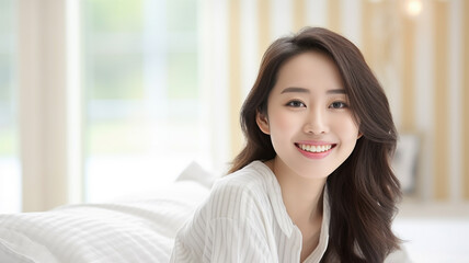 young adult slim asian or chinese or indonesian woman, long hair, sitting on bed,m well rested early in the morning, good sleep, refreshed and rested, smiling satisfied and relaxed