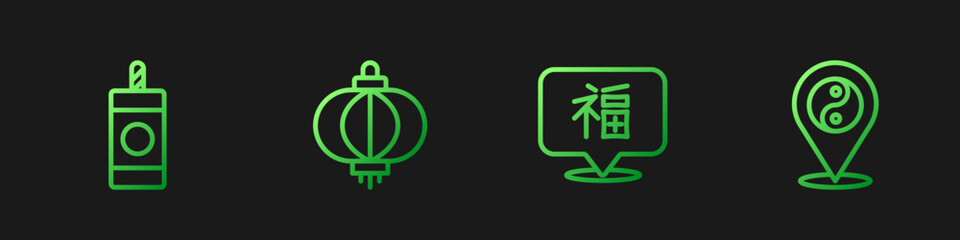 Set line Chinese New Year, Firework, paper lantern and Yin Yang symbol. Gradient color icons. Vector