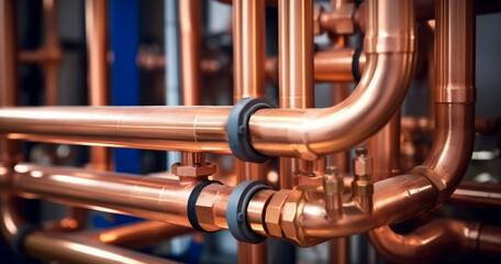 Plumbing service. copper pipeline of a heating system in boiler room. Plumbing, fixing pipes and fittings for connection of water or gas systems. Generative AI.