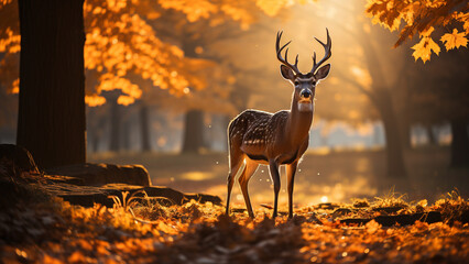Deer walking in the middle of the forest in autumn.