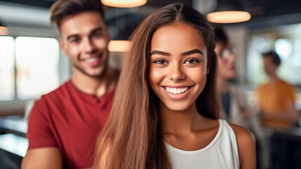 in a shared apartment with three other people, young adult woman with tanned skin, 21, long light brown hair, white simple cozy shirt