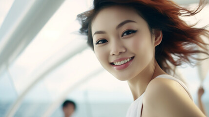 young adult asian or chinese or indonesian woman, light white skin tone, medium length hair style, dyed red hair, stands indoor in large building like office or shopping mall, fictional location