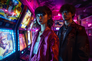 Futuristic cyberpunk arcade with machines where are young people, teenagers in eccentric costumes, the youth of the technological future know how to have fun.