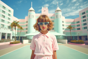 Cute little school girl in pink school uniform ready to learn and acquire new knowledge. The end of summer and the beginning of autumn in a city on the coast with palm trees. - obrazy, fototapety, plakaty