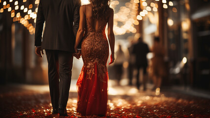 Couple arriving walking red carpet. - obrazy, fototapety, plakaty