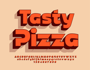 Vector promo flyer Tasty Pizza. Modern Red 3D Font. Set of bright Alphabet Letters, Numbers and Symbols