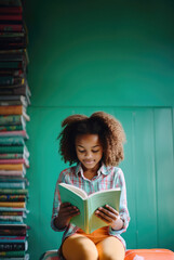Little cute school girl enjoys reading books, sitting and studying. Acquiring knowledge and education is part of growing up and developing children.