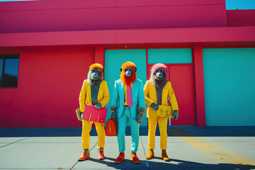 A funny and sarcastic animal concept, a monkey dressed as a street hipster starts school in September. Abstract non-standard education for monkeys.