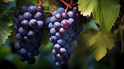 Fototapeta premium black grape bunches on vine in vineyard sunshine 