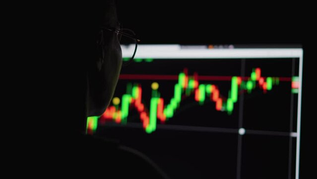 Girl trader trades on forex at night at home. Computer screen with stock charts and data market analysis. Broker trading online.