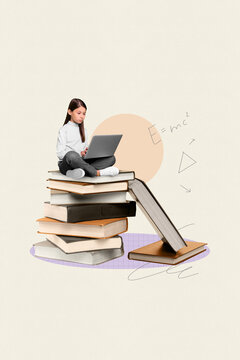 Vertical creative collage image of little clever schoolgirl read books pile stack computer laptop online remote learning