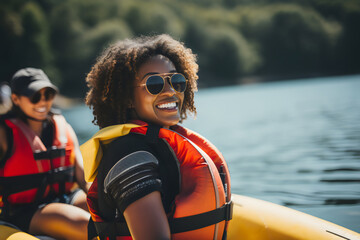 Happy poc woman un sunglasses on boat wearing orange life jacket	