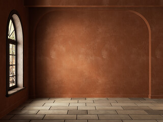 Orange empty interior with stucco blank wall. 3d render illustration mockup.