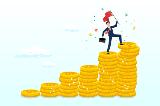 Success businessman holding winning flag on top of money coins stack, financial success, reaching financial freedom, money achievement or earning profit or savings or investment goal (Vector)