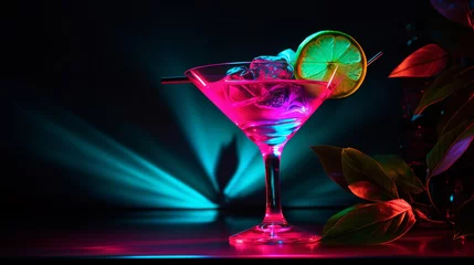 Foto op Plexiglas Colorful cocktails in a glass on the bar counter, neon lights on dark night background with lights © petrrgoskov