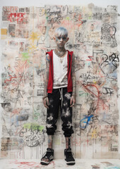 Illustrated young boy, eccentric looking street skater style. Metal, punk boy with tattoos on a newspaper collage wall as a background.