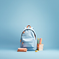 Pastel blue school creative concept, backpack for books and school supplies. Pack your books, the school bell rings, class begins. - obrazy, fototapety, plakaty