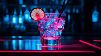 Colorful cocktails in a glass on the bar counter, neon lights on dark night background with lights