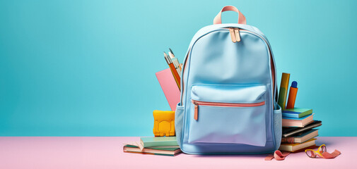 Pastel blue school creative concept, backpack for books and school supplies. Pack your books, the school bell rings, class begins.